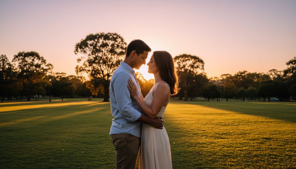 An epic moment captured: a couple embraces tenderly under the soft, golden light of twilight in a serene Doncaster East park, showcasing dreamy twilight engagement photography Doncaster East parks with a blurred natural background.