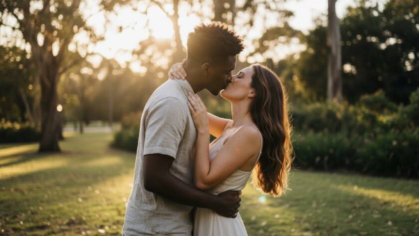 A couple shares a tender, romantic embrace under the golden hour light in a lush Wantirna park, embodying dreamy Wantirna engagement photography adventures, with natural Australian bushland in the soft-focus background, captured with professional photography.