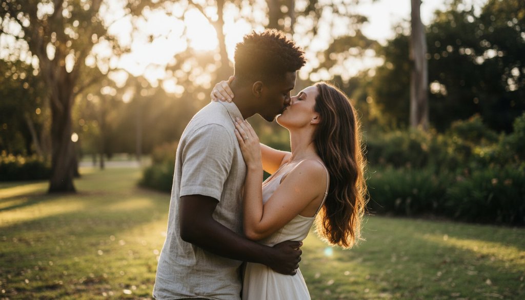 A couple shares a tender, romantic embrace under the golden hour light in a lush Wantirna park, embodying dreamy Wantirna engagement photography adventures, with natural Australian bushland in the soft-focus background, captured with professional photography.
