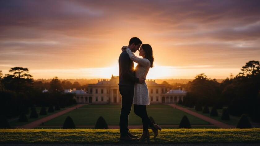 An epic moment from a dreamy Werribee Park engagement shoot, featuring a couple embracing passionately at sunset with the majestic Werribee Mansion in the background, bathed in golden hour light, captured by a professional photographer.