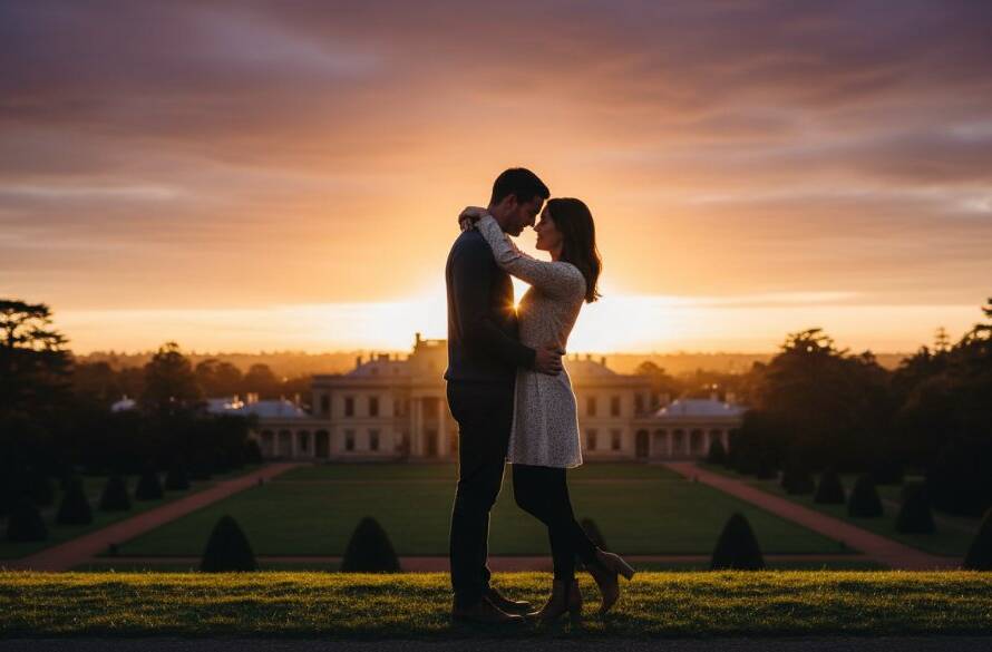 An epic moment from a dreamy Werribee Park engagement shoot, featuring a couple embracing passionately at sunset with the majestic Werribee Mansion in the background, bathed in golden hour light, captured by a professional photographer.