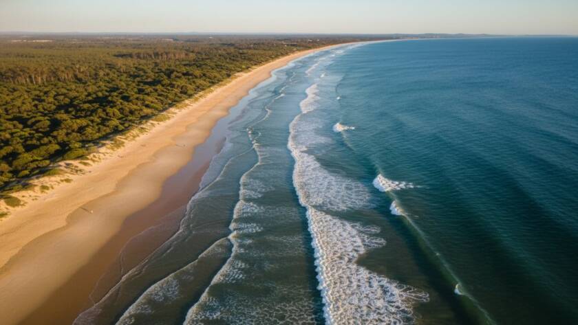 An epic drone photograph showcasing the dramatic coastline of Lang Lang, Victoria, with golden hour light reflecting off the serene water, taken with Drone Photography Lang Lang Victoria Coastal Landscapes expertise, featuring a lone figure on the beach admiring the view.