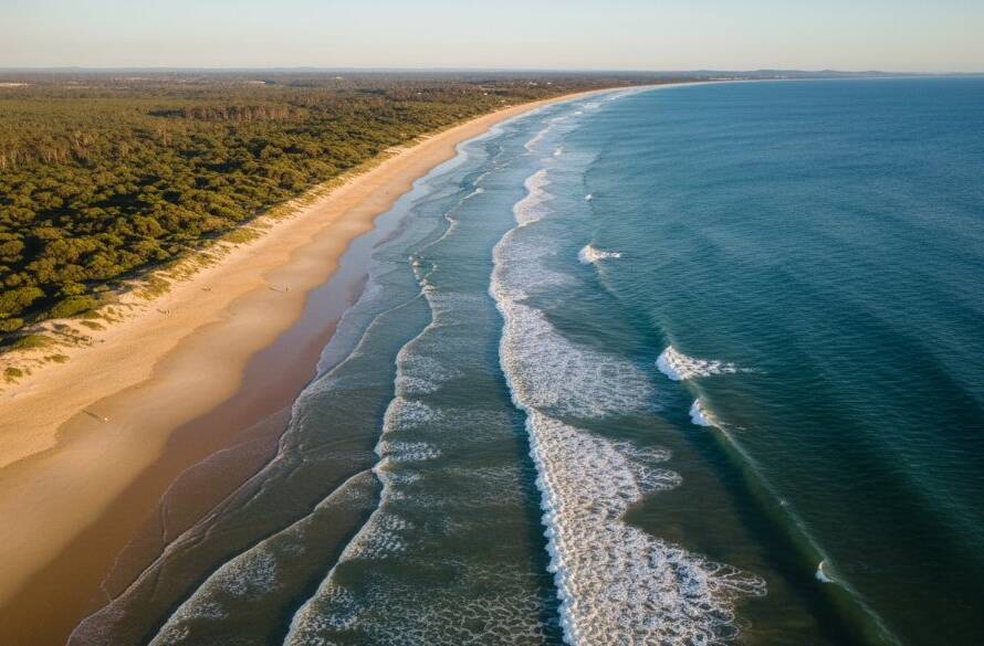 An epic drone photograph showcasing the dramatic coastline of Lang Lang, Victoria, with golden hour light reflecting off the serene water, taken with Drone Photography Lang Lang Victoria Coastal Landscapes expertise, featuring a lone figure on the beach admiring the view.