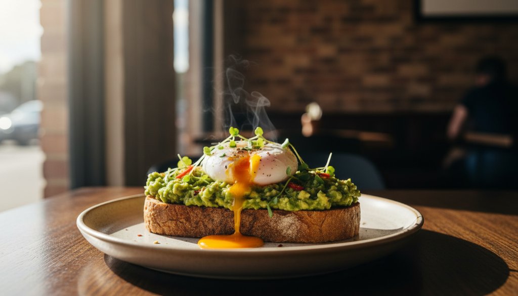 Dynamic close-up shot revealing the Drouin cafe menu photography secrets through a beautifully styled dish, steam rising, captured with dramatic lighting in a vibrant Drouin eatery setting, showcasing the professional quality and appeal.