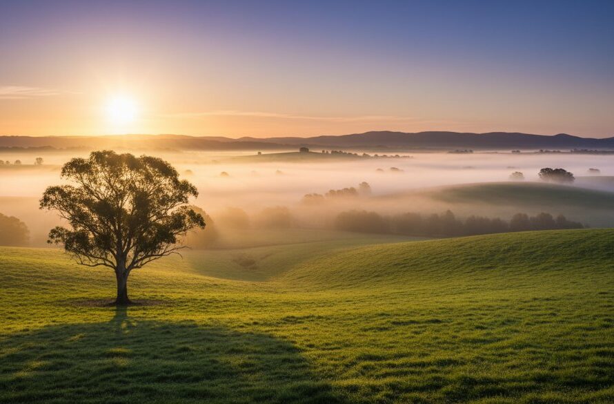 An epic wide-angle photograph showcasing the stunning natural beauty of Drouin, Victoria at sunrise, featuring mist rolling over vibrant green hills and distant mountain ranges, captured as Drouin fine art landscape photography Victoria, with golden light illuminating the scene from behind dramatic clouds.