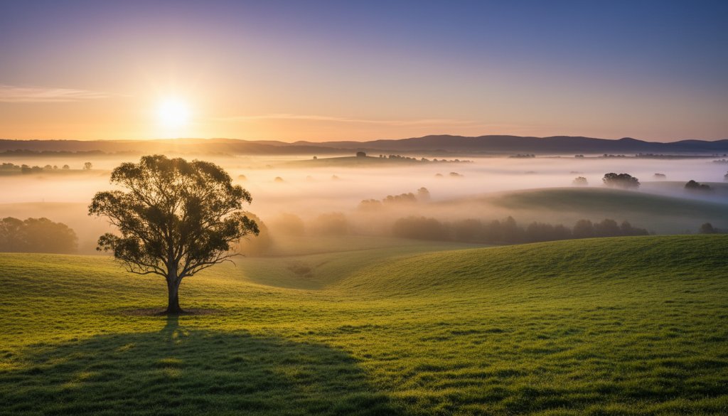 An epic wide-angle photograph showcasing the stunning natural beauty of Drouin, Victoria at sunrise, featuring mist rolling over vibrant green hills and distant mountain ranges, captured as Drouin fine art landscape photography Victoria, with golden light illuminating the scene from behind dramatic clouds.