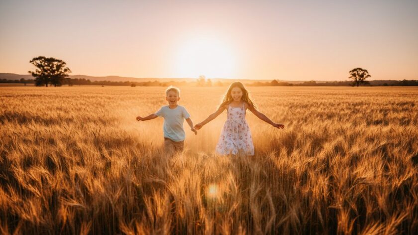 An epic moment of pure joy in Drouin kids photography, capturing genuine childhood joy as two young siblings laugh heartily, running through a sun-dappled field near Drouin, Victoria, with a golden sunset behind them, embodying carefree Australian childhood.