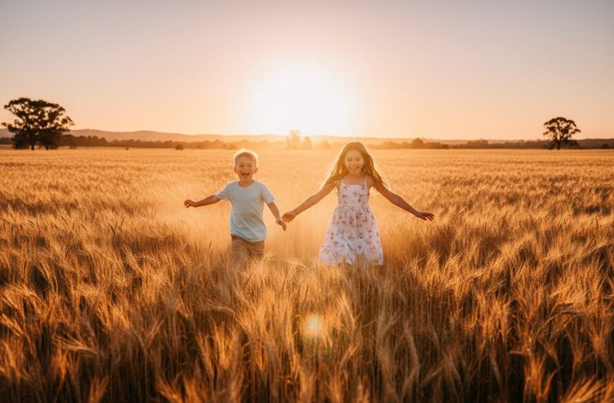 An epic moment of pure joy in Drouin kids photography, capturing genuine childhood joy as two young siblings laugh heartily, running through a sun-dappled field near Drouin, Victoria, with a golden sunset behind them, embodying carefree Australian childhood.