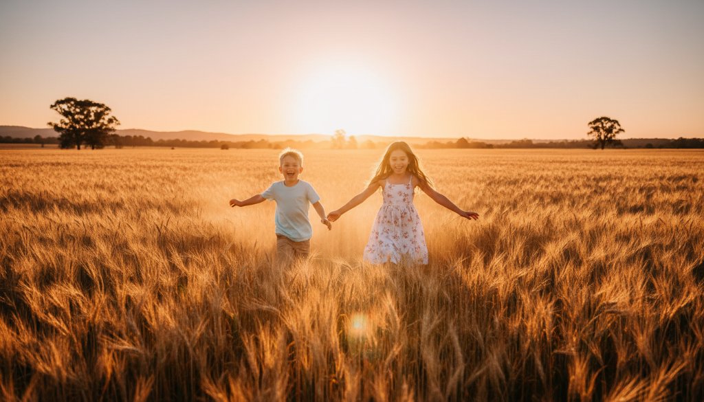 An epic moment of pure joy in Drouin kids photography, capturing genuine childhood joy as two young siblings laugh heartily, running through a sun-dappled field near Drouin, Victoria, with a golden sunset behind them, embodying carefree Australian childhood.