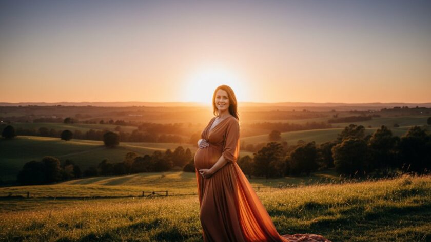 A pregnant woman in an elegant flowing gown, silhouetted against a dramatic Drouin sunset, showcasing Drouin maternity photography capturing your radiant journey, with golden light illuminating her silhouette and the rolling hills of Gippsland in the background.