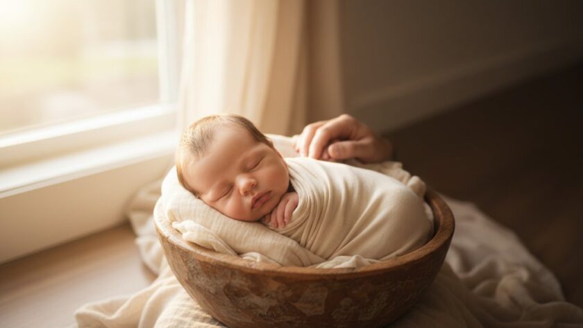 Epic moment capture of a Drouin newborn photography sessions heartfelt, showing a baby nestled peacefully in a rustic wooden basket adorned with soft, natural fabrics, with warm, golden light streaming through a window, a parent's hand gently touching the baby's foot, evoking a sense of serenity and love.