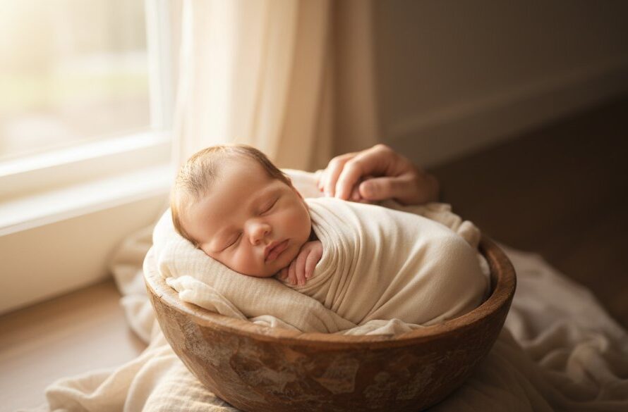 Epic moment capture of a Drouin newborn photography sessions heartfelt, showing a baby nestled peacefully in a rustic wooden basket adorned with soft, natural fabrics, with warm, golden light streaming through a window, a parent's hand gently touching the baby's foot, evoking a sense of serenity and love.