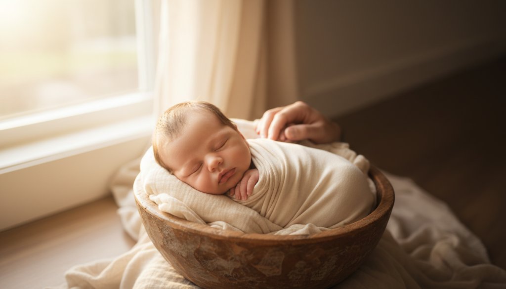 Epic moment capture of a Drouin newborn photography sessions heartfelt, showing a baby nestled peacefully in a rustic wooden basket adorned with soft, natural fabrics, with warm, golden light streaming through a window, a parent's hand gently touching the baby's foot, evoking a sense of serenity and love.