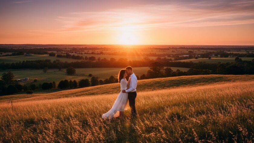 An engaged couple sharing an intimate, joyful moment during their Drouin pre-wedding photoshoot rustic charm, silhouetted against a golden sunset over rolling Drouin hills, capturing their authentic connection.