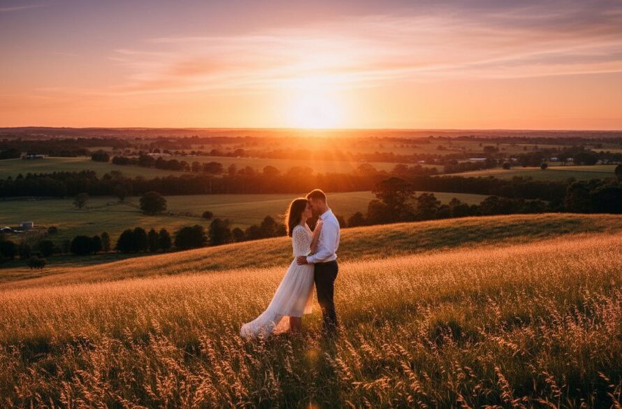 An engaged couple sharing an intimate, joyful moment during their Drouin pre-wedding photoshoot rustic charm, silhouetted against a golden sunset over rolling Drouin hills, capturing their authentic connection.