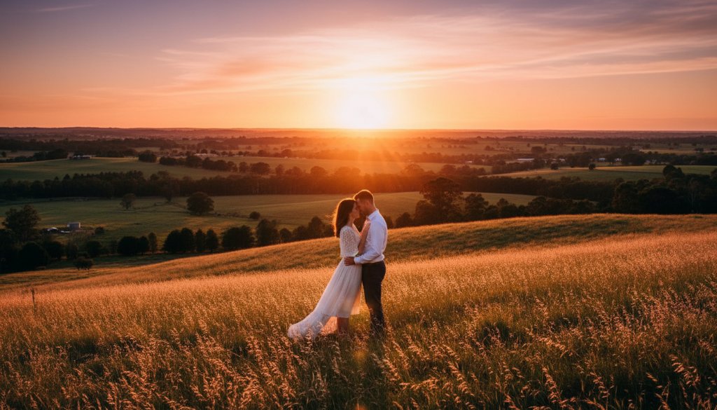 An engaged couple sharing an intimate, joyful moment during their Drouin pre-wedding photoshoot rustic charm, silhouetted against a golden sunset over rolling Drouin hills, capturing their authentic connection.
