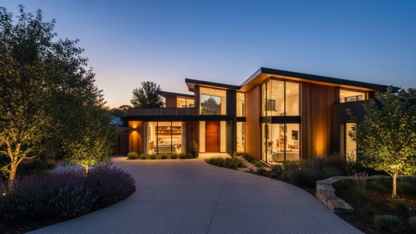 A breathtaking twilight shot showcasing a modern family home in Drouin, Victoria, expertly lit, with lush garden and surrounding Drouin landscape visible in soft focus, perfectly illustrating Drouin real estate photography services boosting property appeal with dramatic flair.