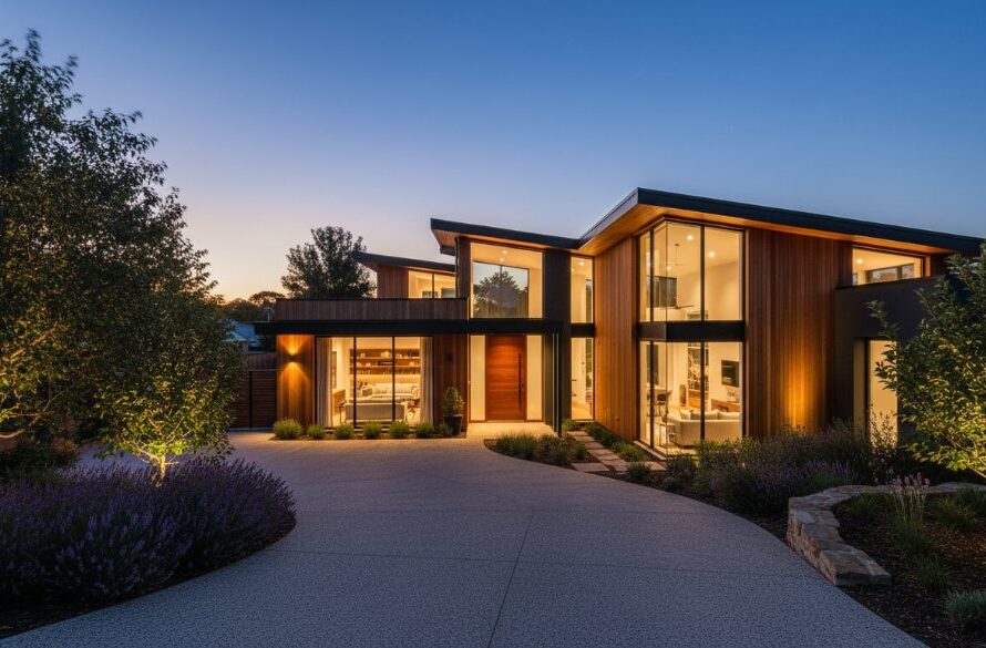 A breathtaking twilight shot showcasing a modern family home in Drouin, Victoria, expertly lit, with lush garden and surrounding Drouin landscape visible in soft focus, perfectly illustrating Drouin real estate photography services boosting property appeal with dramatic flair.