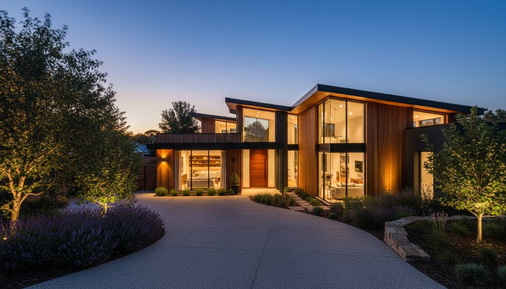 A breathtaking twilight shot showcasing a modern family home in Drouin, Victoria, expertly lit, with lush garden and surrounding Drouin landscape visible in soft focus, perfectly illustrating Drouin real estate photography services boosting property appeal with dramatic flair.