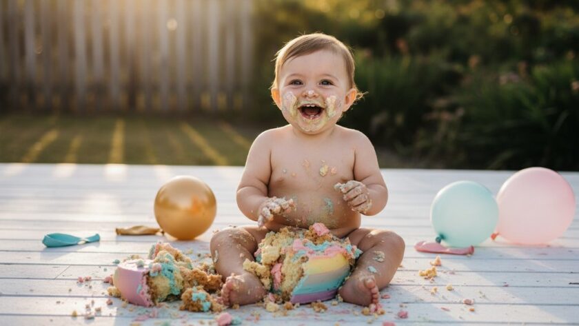 An adorable baby, covered in frosting from a vibrant cake smash, giggles joyfully amidst scattered cake and balloons in a beautifully lit outdoor Drouin Victoria cake smash photography fun session, captured in an epic, professional close-up.
