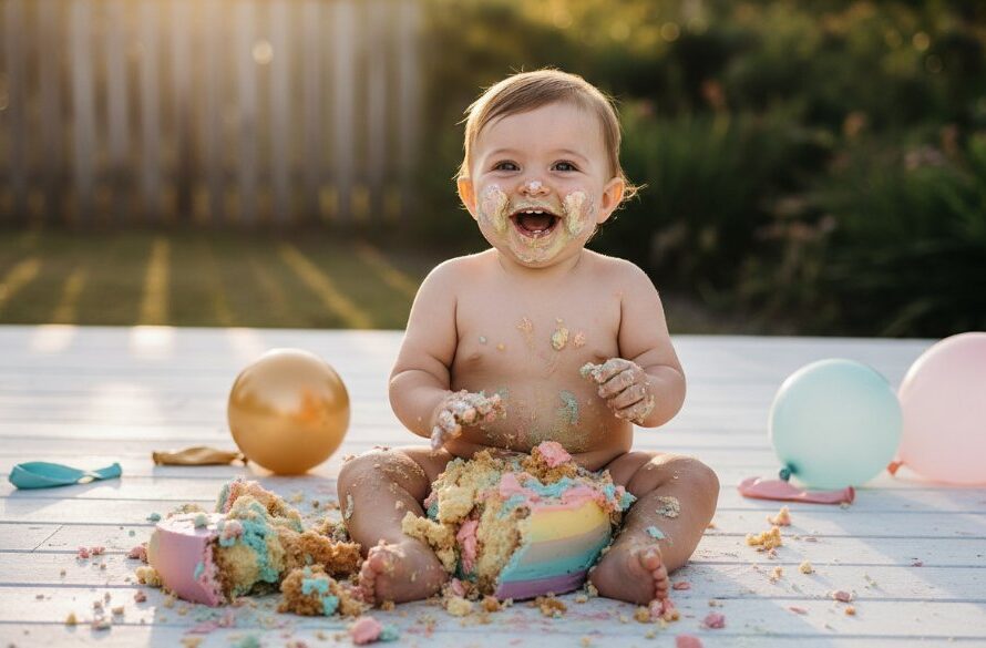 An adorable baby, covered in frosting from a vibrant cake smash, giggles joyfully amidst scattered cake and balloons in a beautifully lit outdoor Drouin Victoria cake smash photography fun session, captured in an epic, professional close-up.