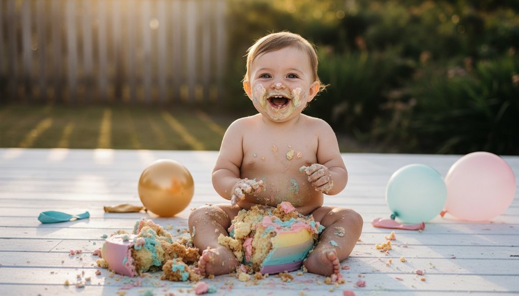 An adorable baby, covered in frosting from a vibrant cake smash, giggles joyfully amidst scattered cake and balloons in a beautifully lit outdoor Drouin Victoria cake smash photography fun session, captured in an epic, professional close-up.