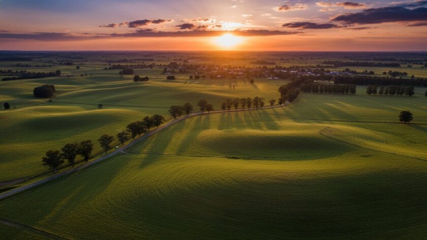 An awe-inspiring aerial photograph showcasing Drouin Victoria drone photography breathtaking landscapes, capturing a dramatic sunset over rolling green hills and distant mountain ranges, with a winding country road leading towards the horizon, professionally colour-graded for a cinematic feel.