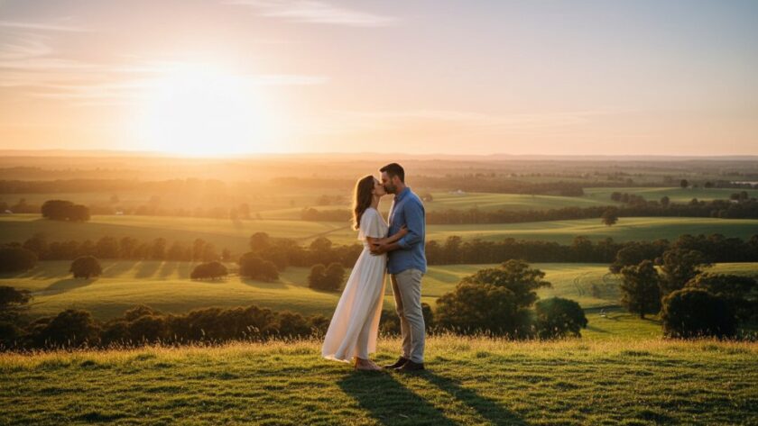 An engaged couple embraces passionately on a hill overlooking the rolling green Drouin Victoria breathtaking landscapes at sunset, bathed in golden light, an epic moment captured by professional Drouin engagement photography.