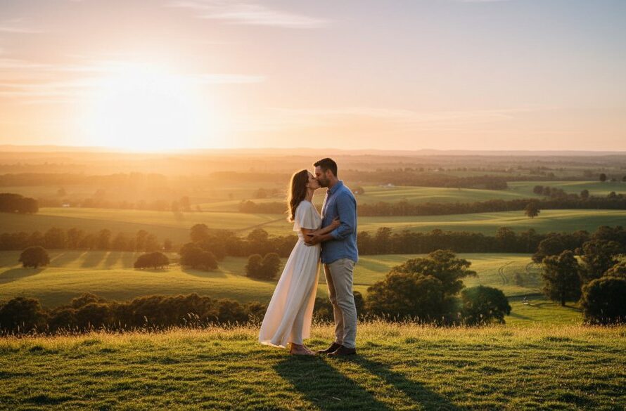 An engaged couple embraces passionately on a hill overlooking the rolling green Drouin Victoria breathtaking landscapes at sunset, bathed in golden light, an epic moment captured by professional Drouin engagement photography.