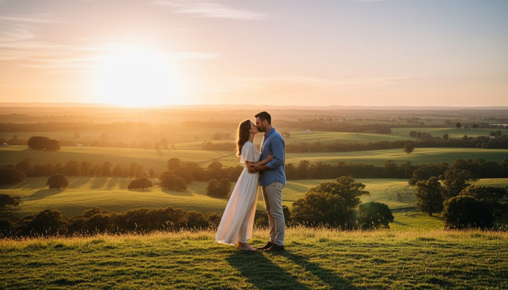 An engaged couple embraces passionately on a hill overlooking the rolling green Drouin Victoria breathtaking landscapes at sunset, bathed in golden light, an epic moment captured by professional Drouin engagement photography.