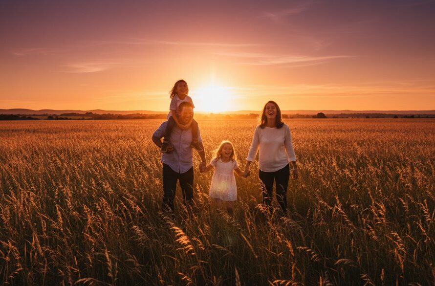 A heartwarming Drouin Victoria family photography golden hour portraits moment, showing a family of four silhouetted against a breathtaking sunset, laughing joyfully in a Drouin field, professionally captured with dramatic backlighting.