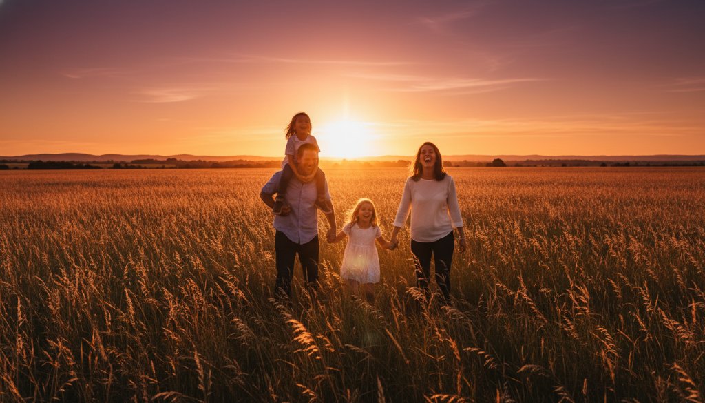A heartwarming Drouin Victoria family photography golden hour portraits moment, showing a family of four silhouetted against a breathtaking sunset, laughing joyfully in a Drouin field, professionally captured with dramatic backlighting.