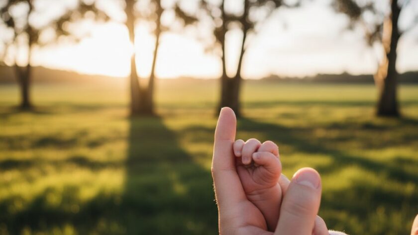 An intimate and tender close-up of a newborn baby's tiny hand gently grasping a parent's finger, bathed in soft, ethereal natural light filtering through eucalyptus trees in a Drouin, Victoria setting, evoking the emotional essence of Drouin Victoria newborn photoshoot memories.