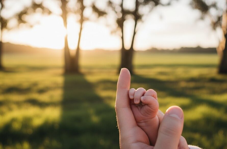 An intimate and tender close-up of a newborn baby's tiny hand gently grasping a parent's finger, bathed in soft, ethereal natural light filtering through eucalyptus trees in a Drouin, Victoria setting, evoking the emotional essence of Drouin Victoria newborn photoshoot memories.