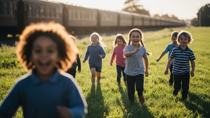 An epic moment of Drouin Victoria primary school photography preserving childhood wonder, featuring a group of diverse, laughing primary students joyfully playing near the historic Drouin railway station under a golden afternoon sun, captured with dramatic, professional lighting and rich colour grading.