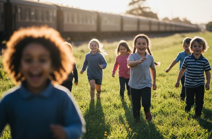 An epic moment of Drouin Victoria primary school photography preserving childhood wonder, featuring a group of diverse, laughing primary students joyfully playing near the historic Drouin railway station under a golden afternoon sun, captured with dramatic, professional lighting and rich colour grading.