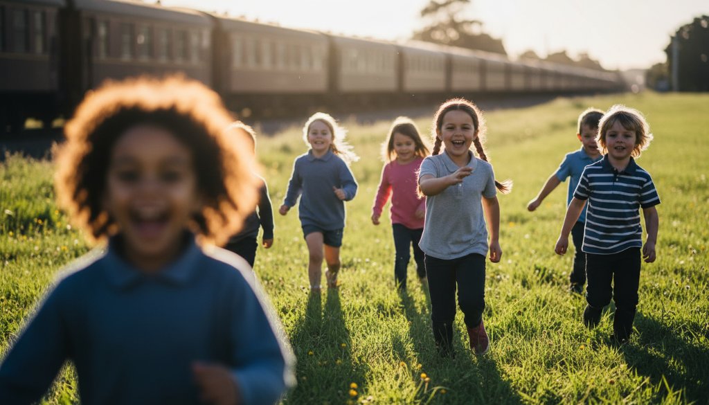 An epic moment of Drouin Victoria primary school photography preserving childhood wonder, featuring a group of diverse, laughing primary students joyfully playing near the historic Drouin railway station under a golden afternoon sun, captured with dramatic, professional lighting and rich colour grading.