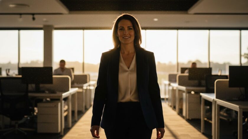 Dramatic, professionally colour-graded photograph featuring a confident business professional in Drouin Victoria, captured during a Drouin Victoria professional corporate headshots session, with dynamic backlighting illuminating their silhouette against a modern, blurred office interior, conveying ambition and leadership.