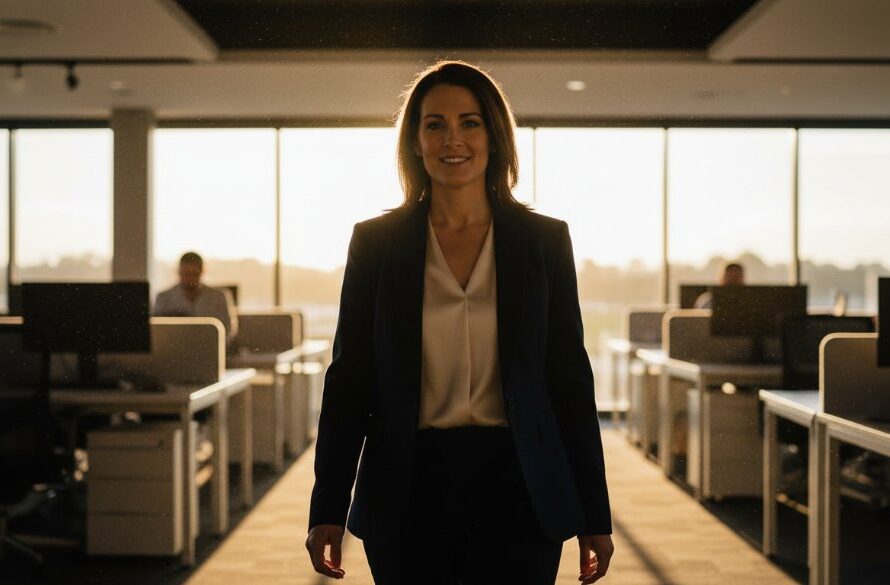 Dramatic, professionally colour-graded photograph featuring a confident business professional in Drouin Victoria, captured during a Drouin Victoria professional corporate headshots session, with dynamic backlighting illuminating their silhouette against a modern, blurred office interior, conveying ambition and leadership.
