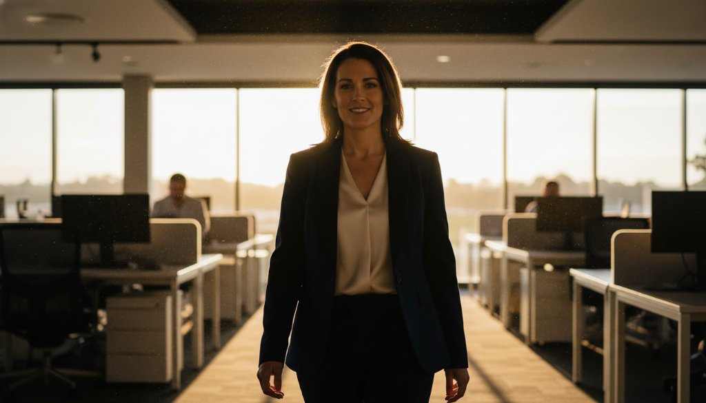 Dramatic, professionally colour-graded photograph featuring a confident business professional in Drouin Victoria, captured during a Drouin Victoria professional corporate headshots session, with dynamic backlighting illuminating their silhouette against a modern, blurred office interior, conveying ambition and leadership.
