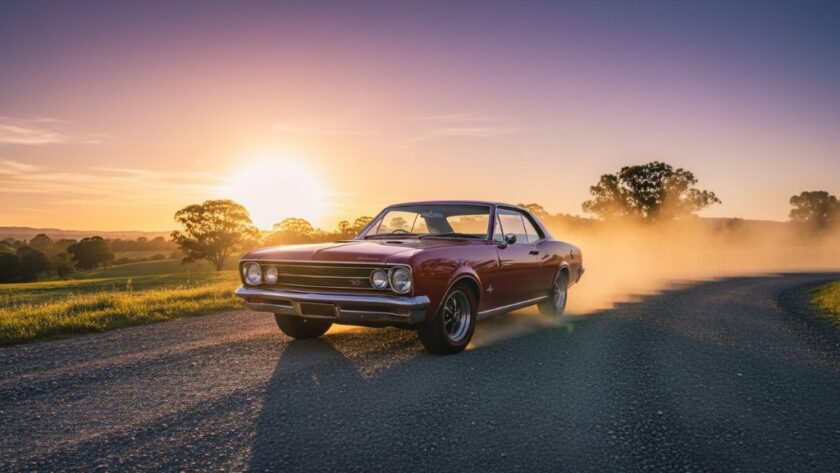 Dramatic low-angle shot of a meticulously restored vintage car, sunlight glinting off its polished chrome, parked on a rustic Drouin backroad with distant rolling hills, captured by a Drouin vintage car photography expert Victoria.
