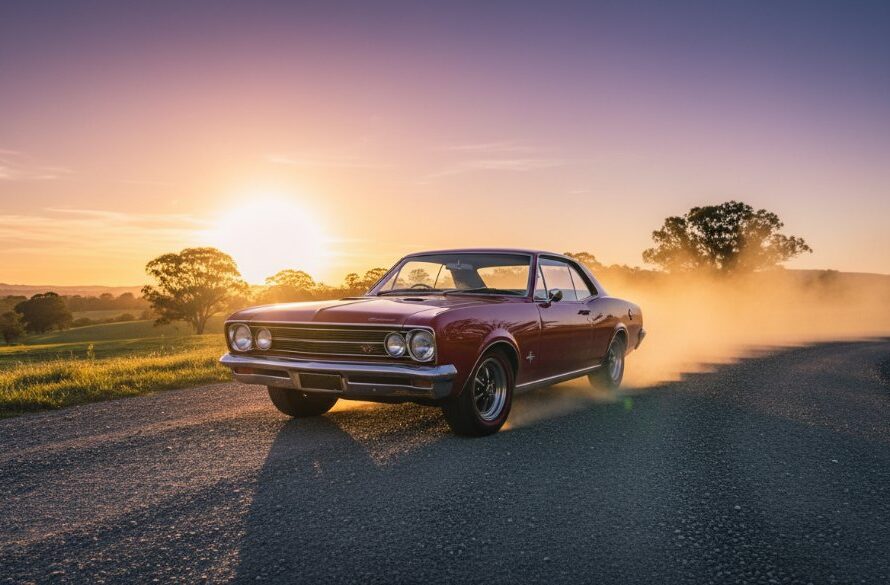 Dramatic low-angle shot of a meticulously restored vintage car, sunlight glinting off its polished chrome, parked on a rustic Drouin backroad with distant rolling hills, captured by a Drouin vintage car photography expert Victoria.