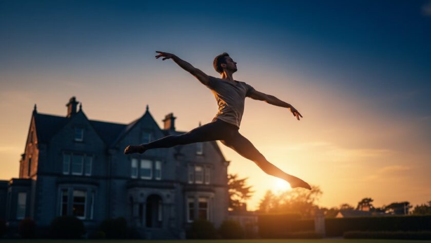 A male dancer mid-air in a powerful leap against a soft-focus backdrop of Drumcondra's historic architecture at sunset, capturing Drumcondra dance photography epic moments with dramatic lighting.