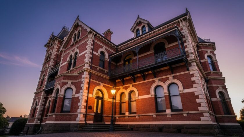 Dramatic wide-angle shot showcasing the intricate facade of a grand, historic Victorian-era building in Drumcondra, bathed in the golden light of a setting sun. The image captures the unique details of Drumcondra heritage architecture photography, with long shadows enhancing its timeless beauty, professionally colour graded.