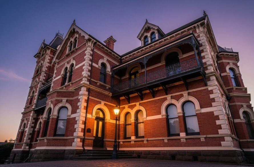 Dramatic wide-angle shot showcasing the intricate facade of a grand, historic Victorian-era building in Drumcondra, bathed in the golden light of a setting sun. The image captures the unique details of Drumcondra heritage architecture photography, with long shadows enhancing its timeless beauty, professionally colour graded.