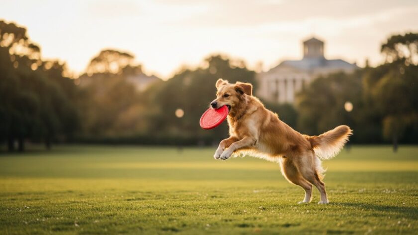 An epic, professional Drumcondra pet photography playful outdoor shot of a golden retriever mid-leap, catching a frisbee in golden hour light at a park in Drumcondra, Victoria, with a blurred backdrop of lush trees and Geelong's iconic architecture in the distance.
