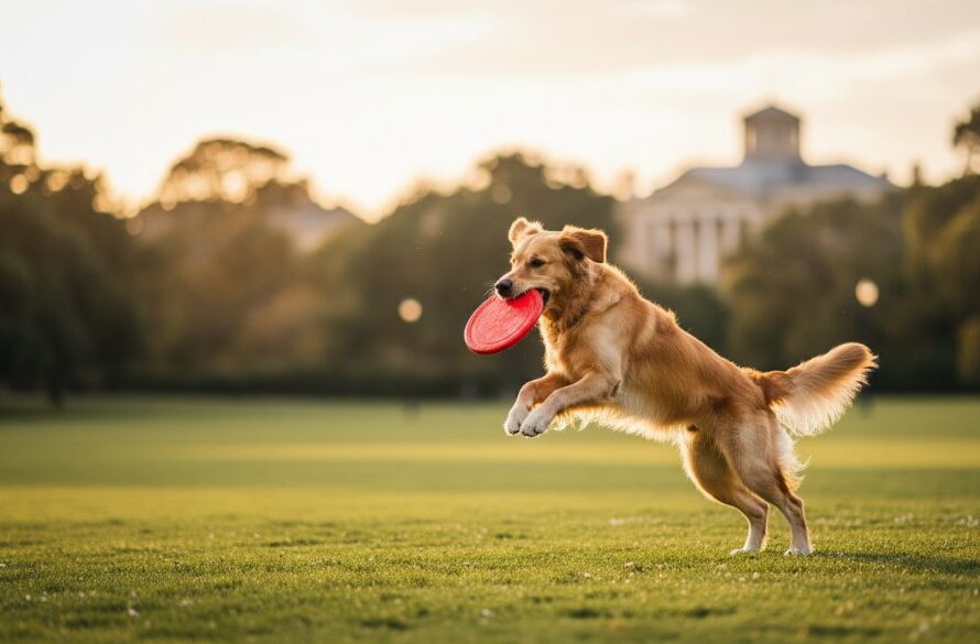 An epic, professional Drumcondra pet photography playful outdoor shot of a golden retriever mid-leap, catching a frisbee in golden hour light at a park in Drumcondra, Victoria, with a blurred backdrop of lush trees and Geelong's iconic architecture in the distance.