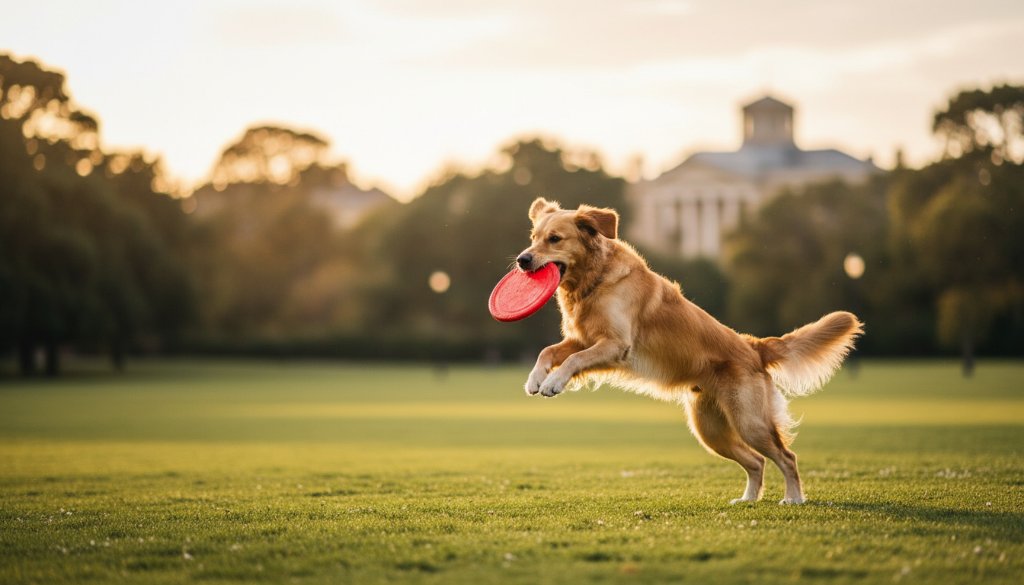 An epic, professional Drumcondra pet photography playful outdoor shot of a golden retriever mid-leap, catching a frisbee in golden hour light at a park in Drumcondra, Victoria, with a blurred backdrop of lush trees and Geelong's iconic architecture in the distance.