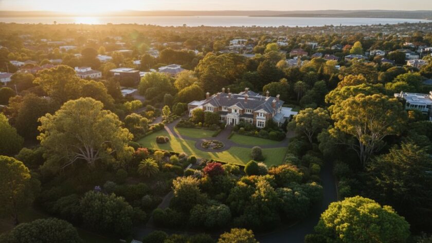 An awe-inspiring aerial photograph captured at golden hour, showcasing a grand, historic home in leafy Drumcondra, Victoria, with its meticulously landscaped gardens and the serene Corio Bay faintly visible in the distance. This professional Drumcondra Victoria drone photography for elevated property views highlights the property's unique charm and expansive surroundings under a dramatic sunset sky.