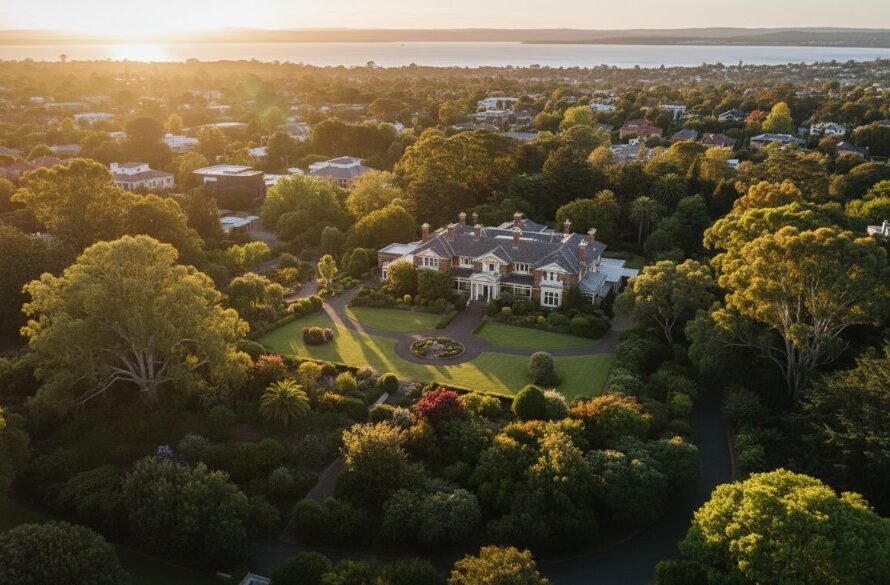 An awe-inspiring aerial photograph captured at golden hour, showcasing a grand, historic home in leafy Drumcondra, Victoria, with its meticulously landscaped gardens and the serene Corio Bay faintly visible in the distance. This professional Drumcondra Victoria drone photography for elevated property views highlights the property's unique charm and expansive surroundings under a dramatic sunset sky.